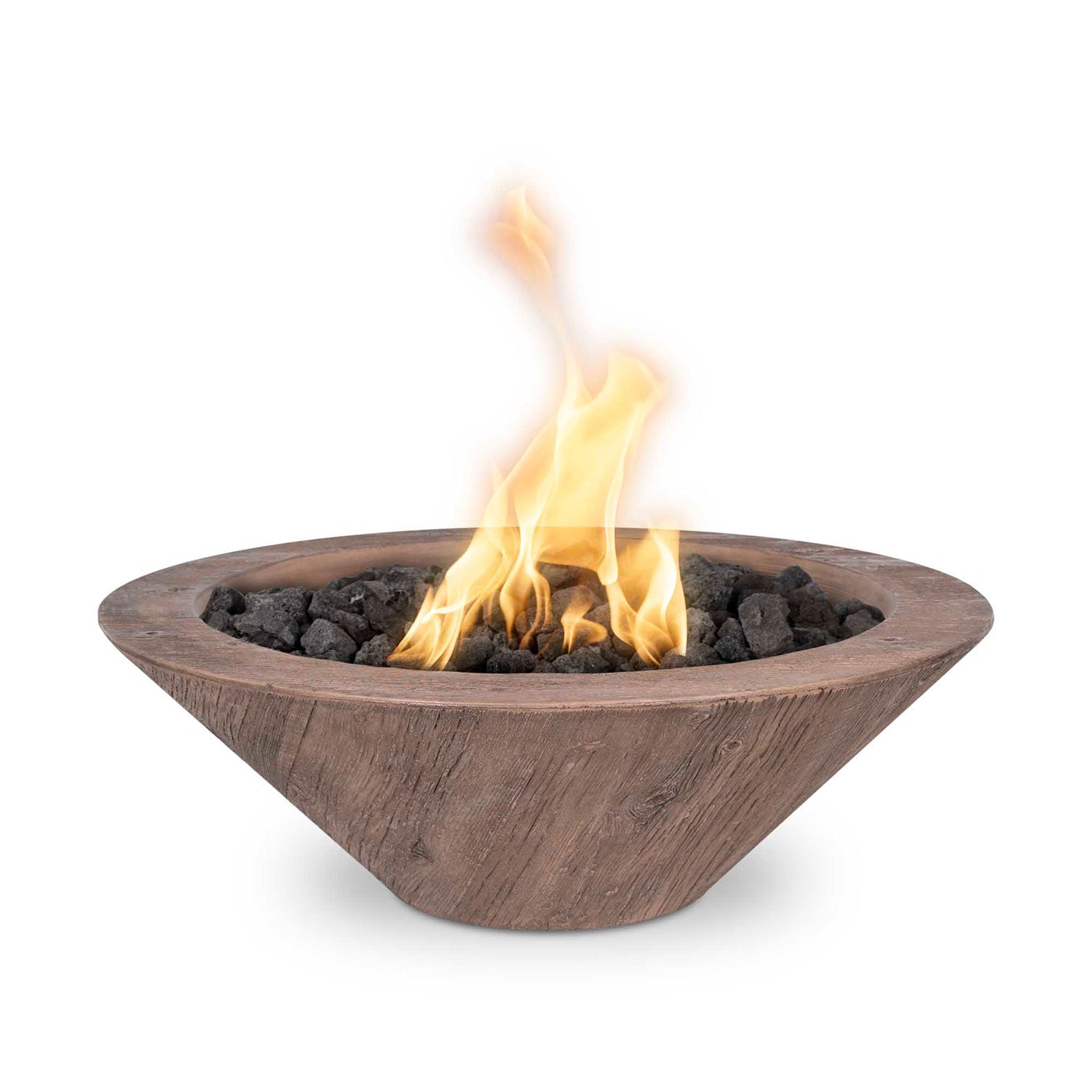 Round concrete gas fire bowl with brown wood-grain sides and visible flames