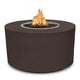 Brown textured round gas fire pit with flame in central bowl