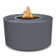 Dark gray round gas fire pit with flame in center burner