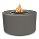 Gray round gas fire pit with flame rising from center burner