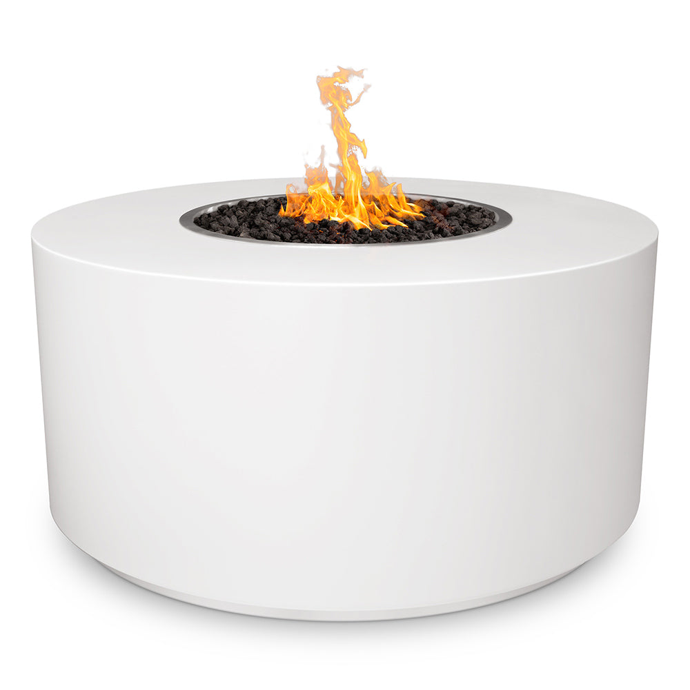 White round gas fire pit with flame rising from central burner