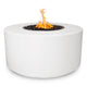 White round gas fire pit with flame rising from central burner
