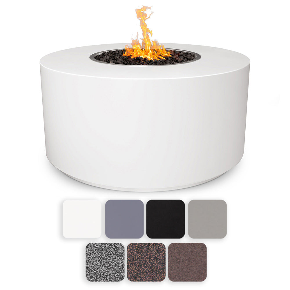 White round gas fire pit with open flame in center bowl