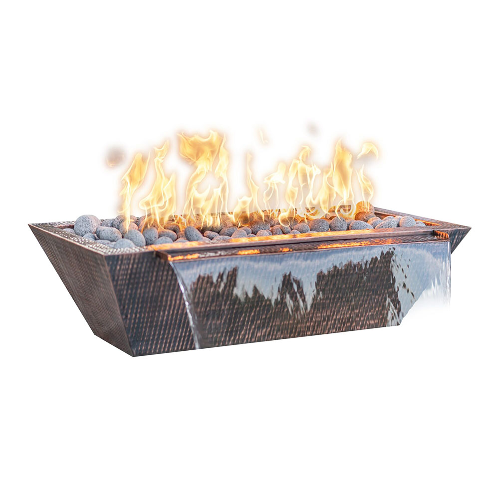 Outdoor linear copper fire and water bowl with roaring flames and lava rocks