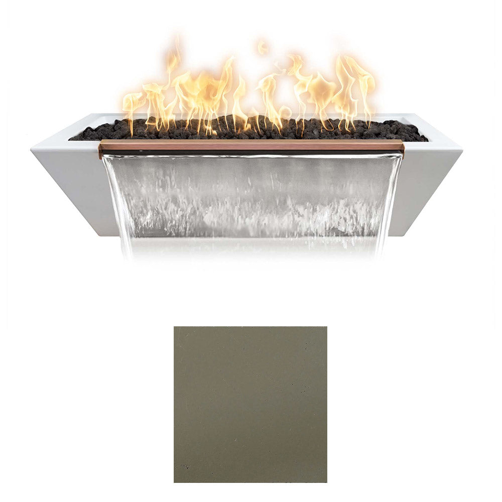 Linear concrete fire and water bowl with flames; olive-gray finish swatch