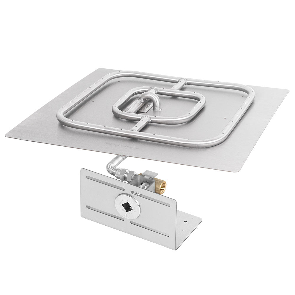 Square gas fire pit burner kit with stainless burner pan and control valve