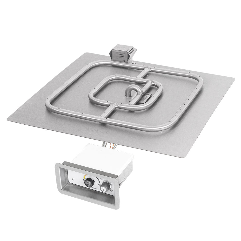 Square gas fire pit burner kit with metal pan and spark ignition module, gray