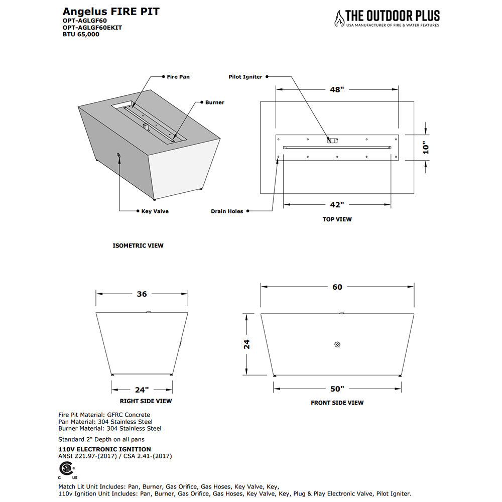 TOP Fires by The Outdoor Plus Angelus 60x36-Inch Linear Concrete Gas Fire Pit