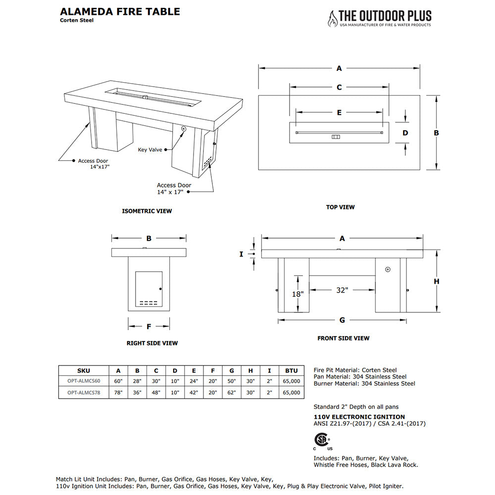 TOP Fires by The Outdoor Plus Alameda Linear Corten Steel Gas Fire Table