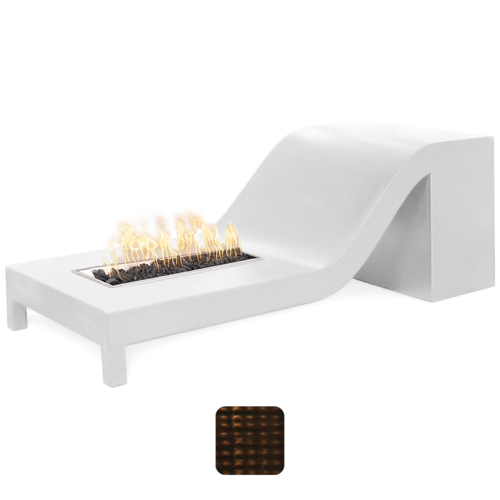 White linear gas fire pit with open burner and small flames, metal base
