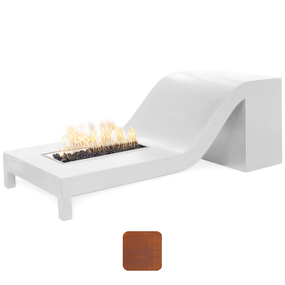 Linear gas fire pit with rectangular burner tray, burning flames, light-colored metal base