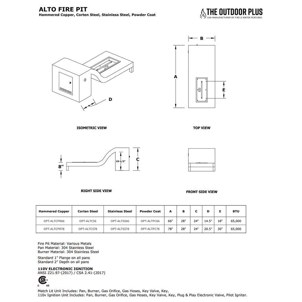 Alto linear gas fire pit diagram with labeled dimensions and burner components