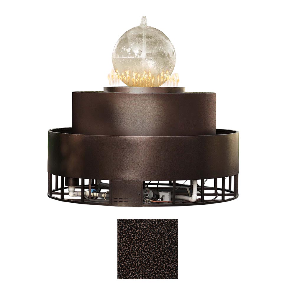 Round gas fire and water bowl with dark bronze powder-coated steel and clear globe