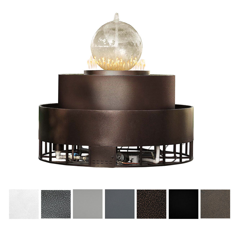 Powder-coated steel gas fire and water bowl with dark bronze base and clear acrylic globe