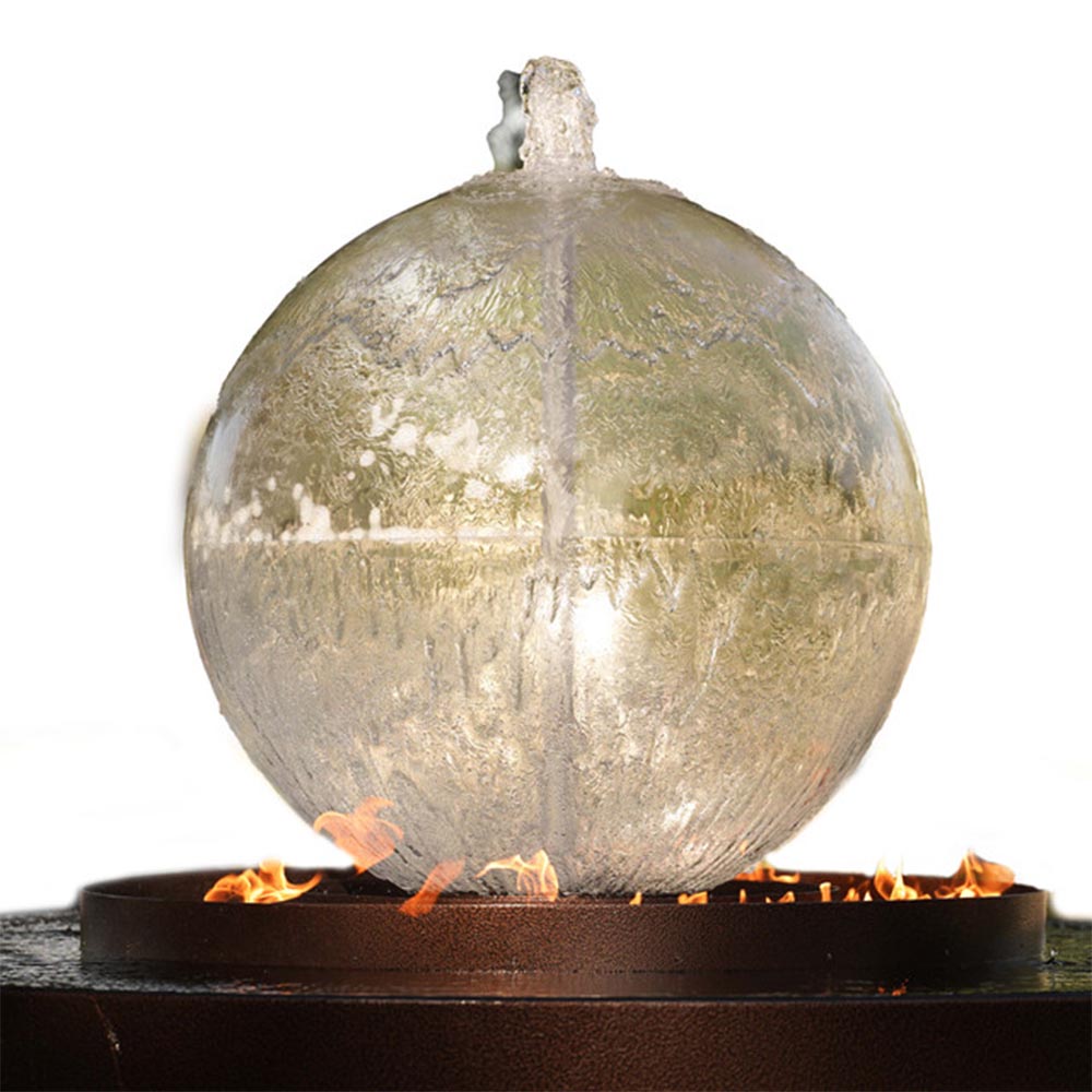Round gas fire and water bowl with clear acrylic globe and visible flames on dark base