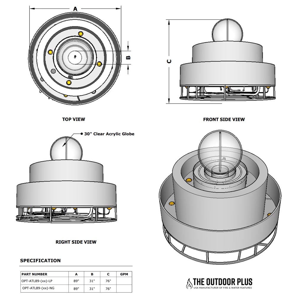 Gas fire and water bowl technical diagram showing top, side, and front views