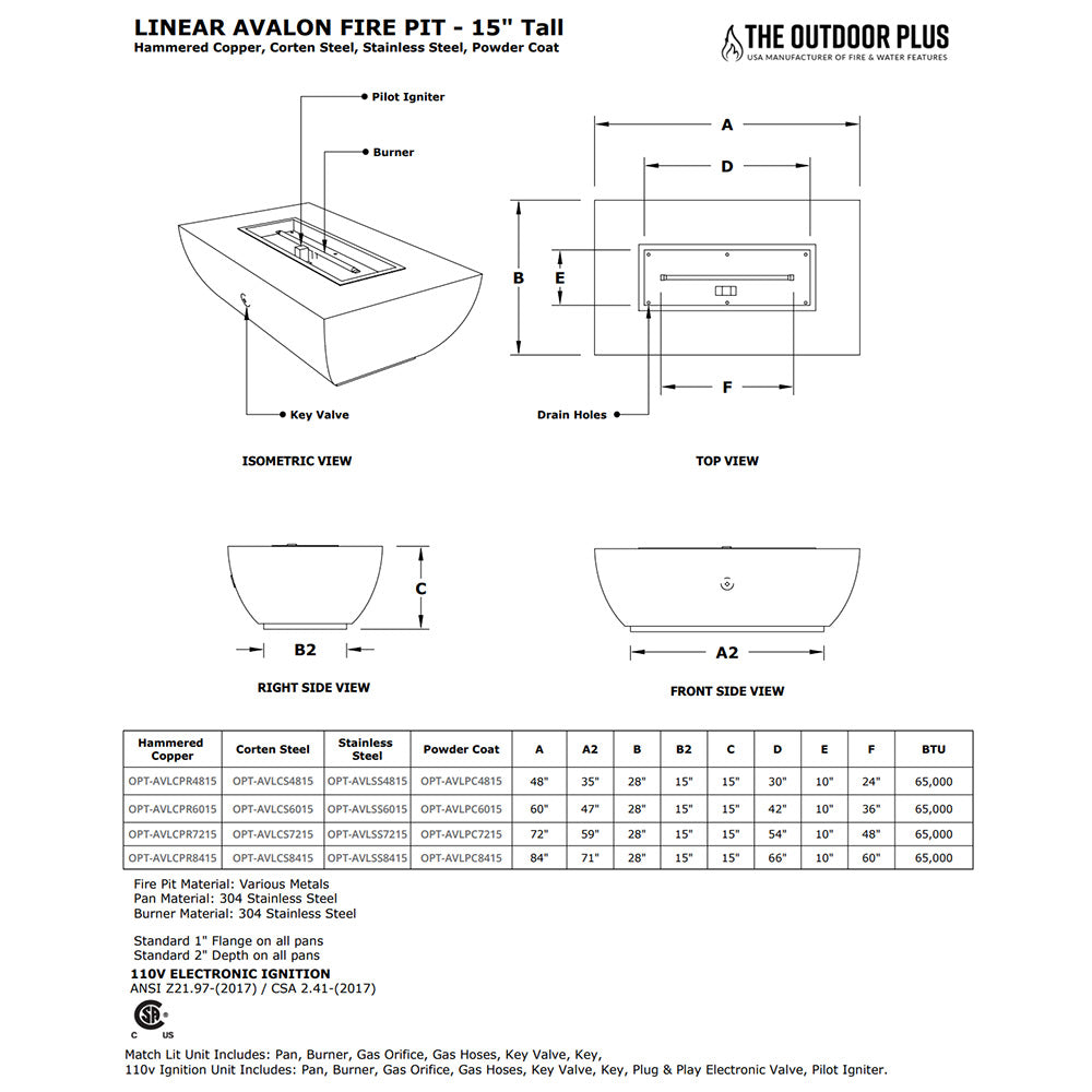 TOP Fires by The Outdoor Plus Avalon 15-Inch Tall Linear Powder Coated Steel Gas Fire Pit