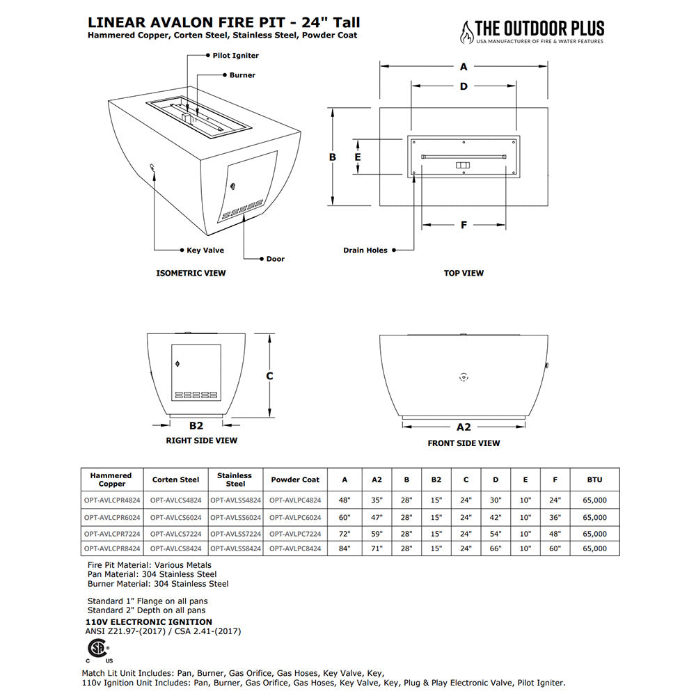TOP Fires by The Outdoor Plus Avalon 24-Inch Tall Linear Corten Steel Gas Fire Pit