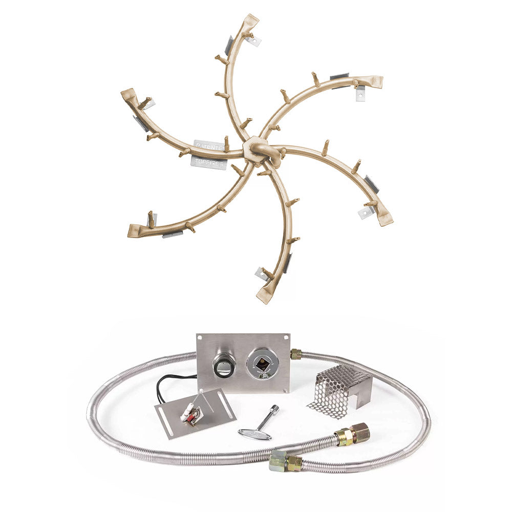 Brass gas fire pit burner kit parts with ignition controls and flexible gas hoses