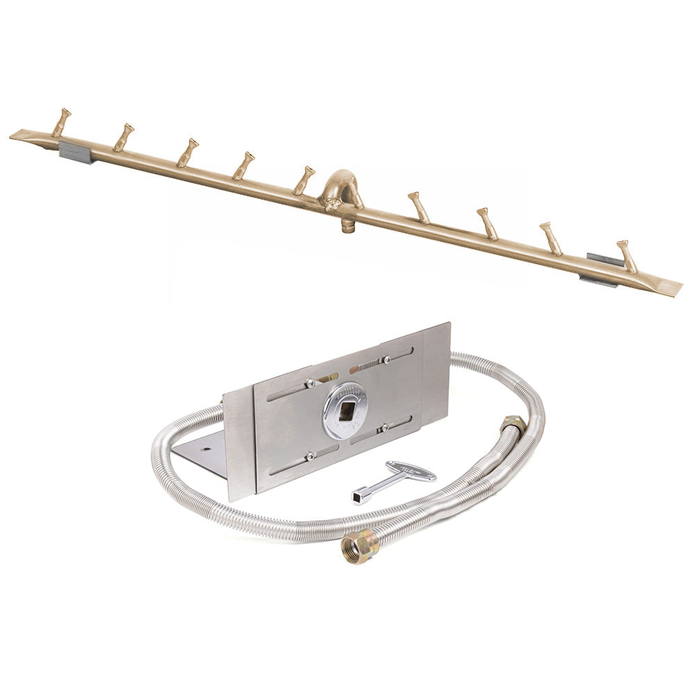 Brass linear bullet match burner pan with braided gas line and valve mounting plate