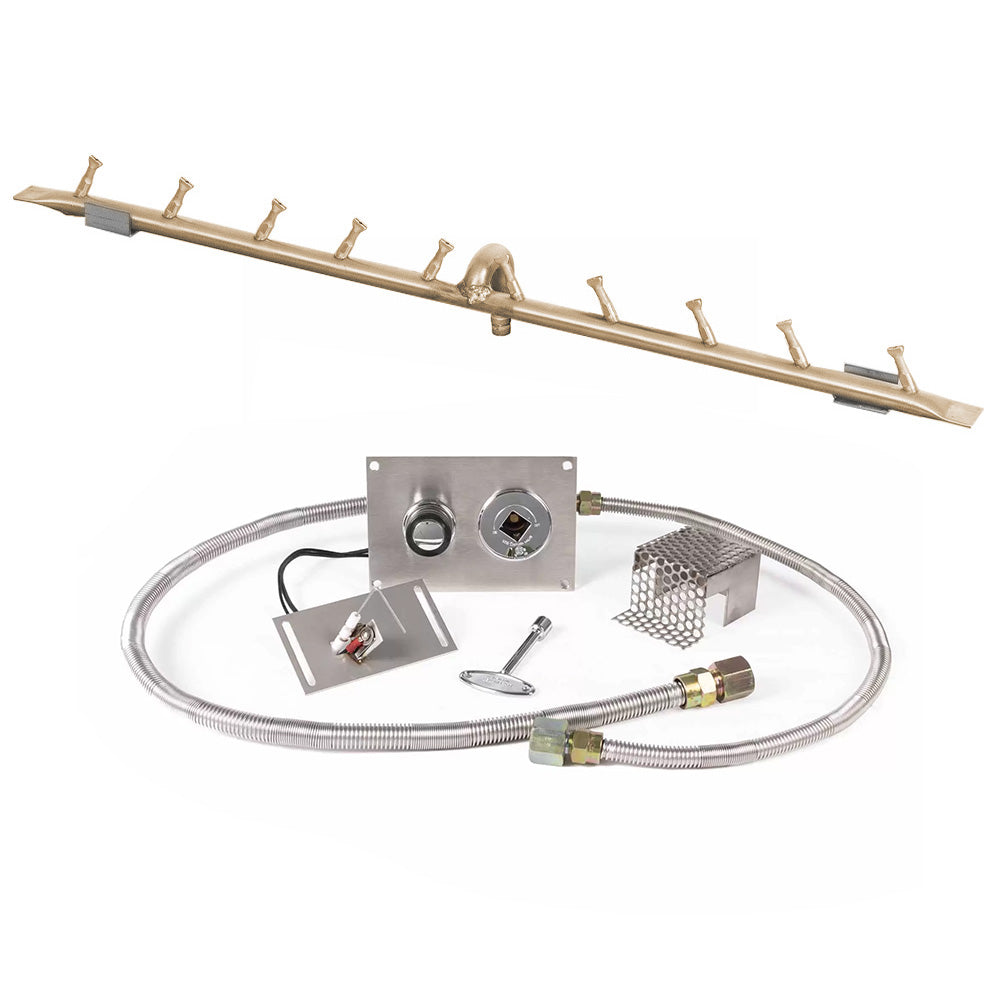 Brass linear burner bar kit with hoses, fittings, mounting plate, and ignition parts