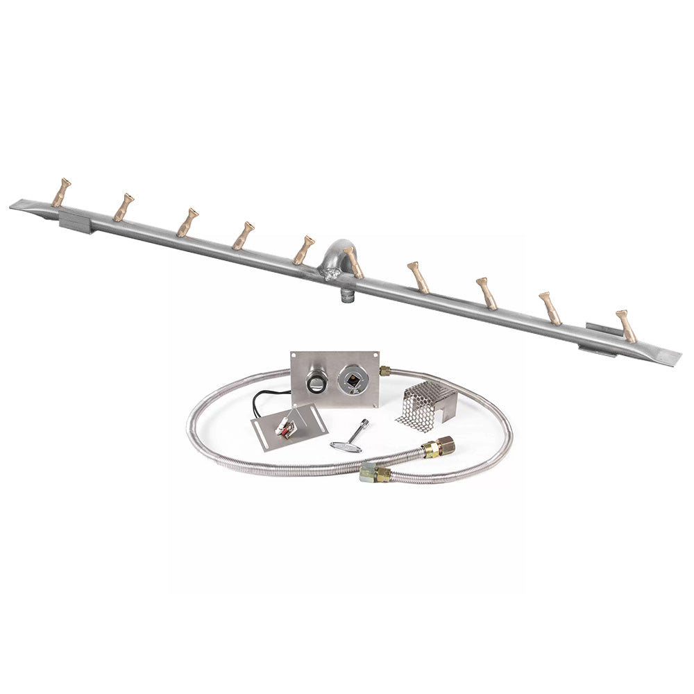 Linear stainless steel gas burner kit with valve, hose, and spark ignition hardware