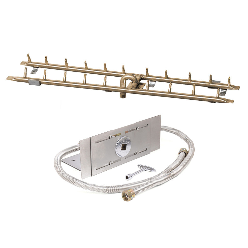 Brass linear gas fire pit burner kit with stainless control plate and flexible gas line