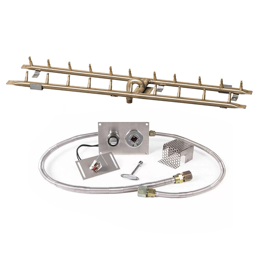 Brass gas fire pit burner kit with hoses, regulator, and dual valve controls