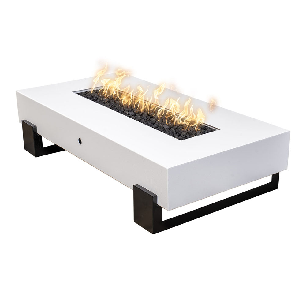 Rectangular gas fire pit, white body with black legs and open fire tray with flames