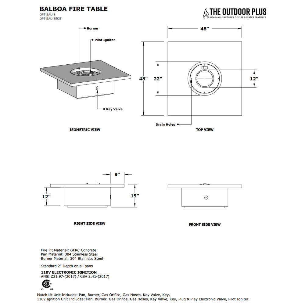 TOP Fires by The Outdoor Plus Balboa 48x48-Inch Square Concrete Gas Fire Pit