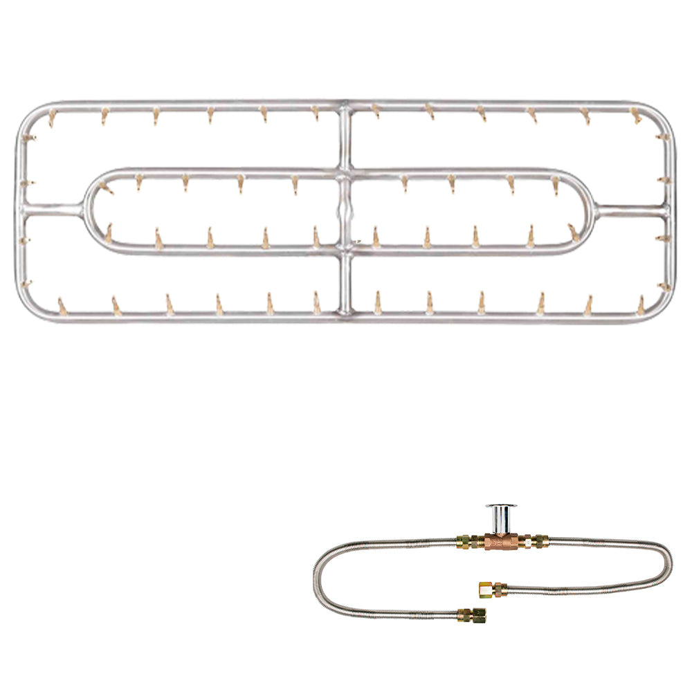 Stainless steel double rectangle burner with brass fittings and connected gas supply tubes