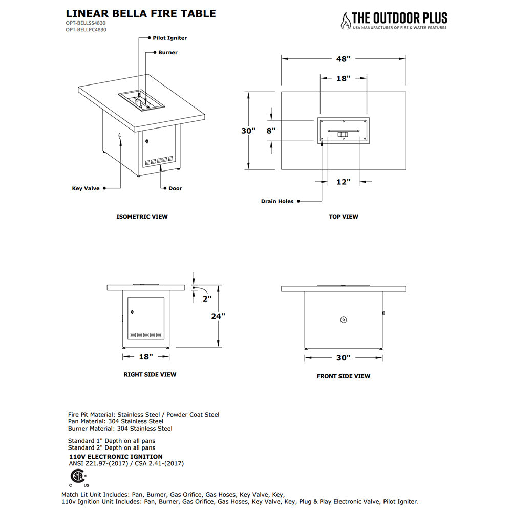 TOP Fires by The Outdoor Plus Bella Linear Stainless Steel Gas Fire Pit