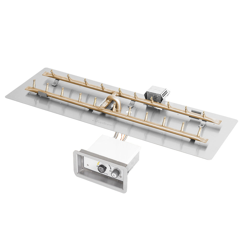 Brass H-style gas burner kit with linear manifold, burner pan, and control panel