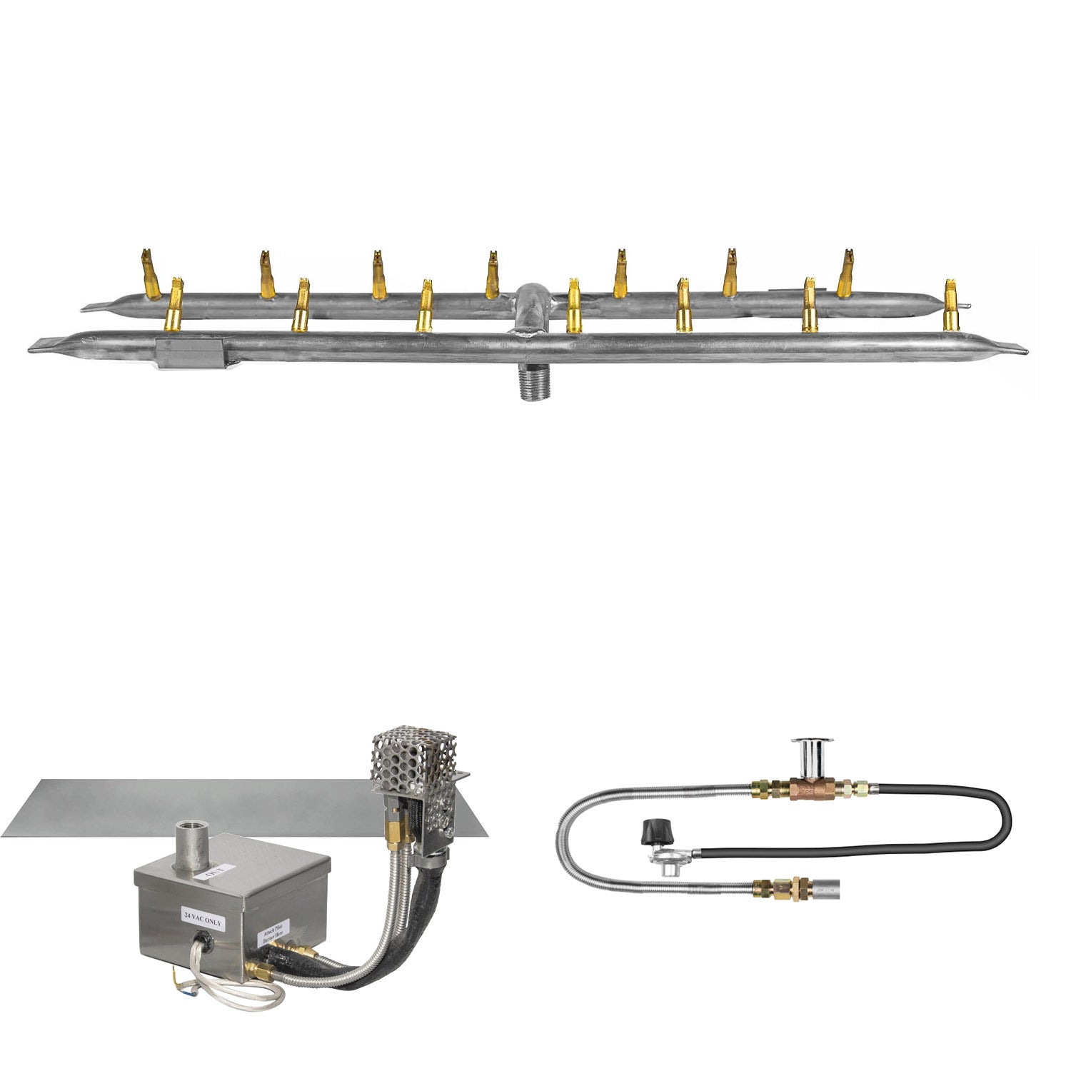 The Outdoor Plus Stainless Steel Linear H-Style Bullet Electronic Ignition Gas Fire Pit Burner Kit with Flat Pan