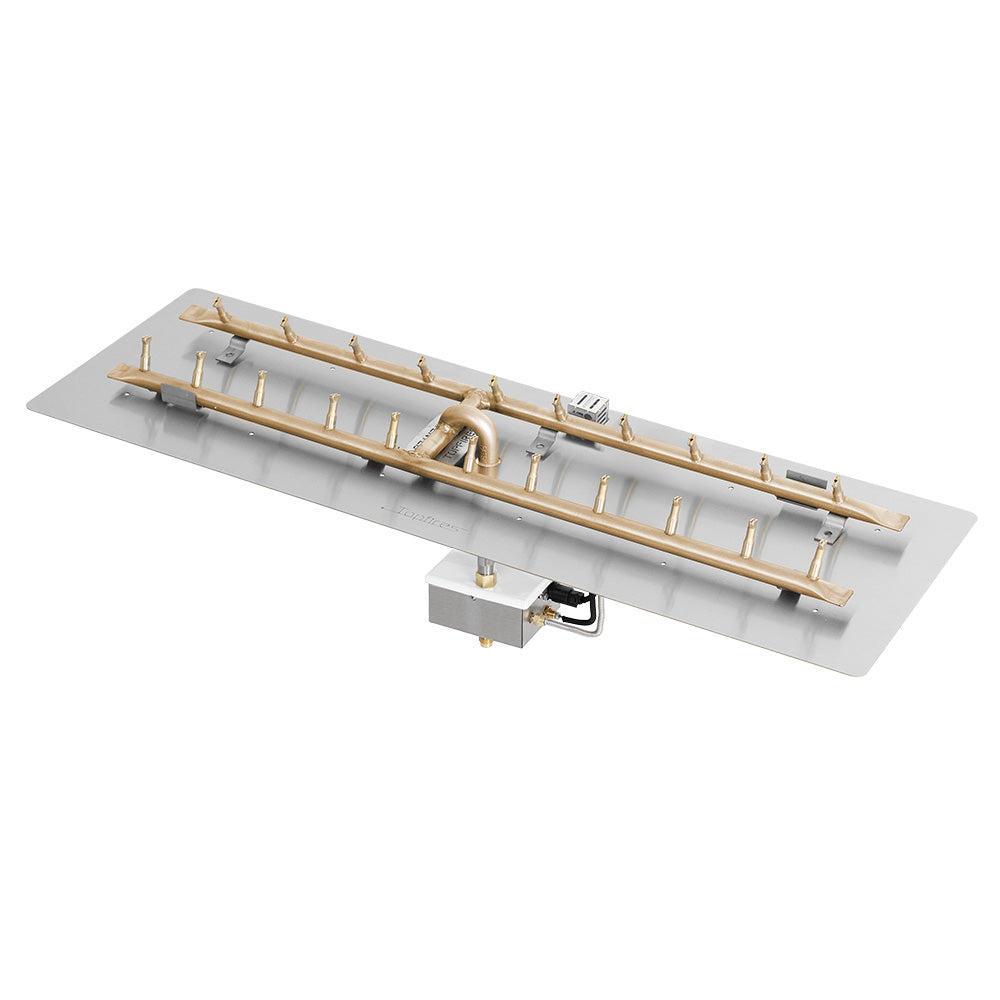 Brass linear H-style gas fire pit burner kit with flat pan and igniter