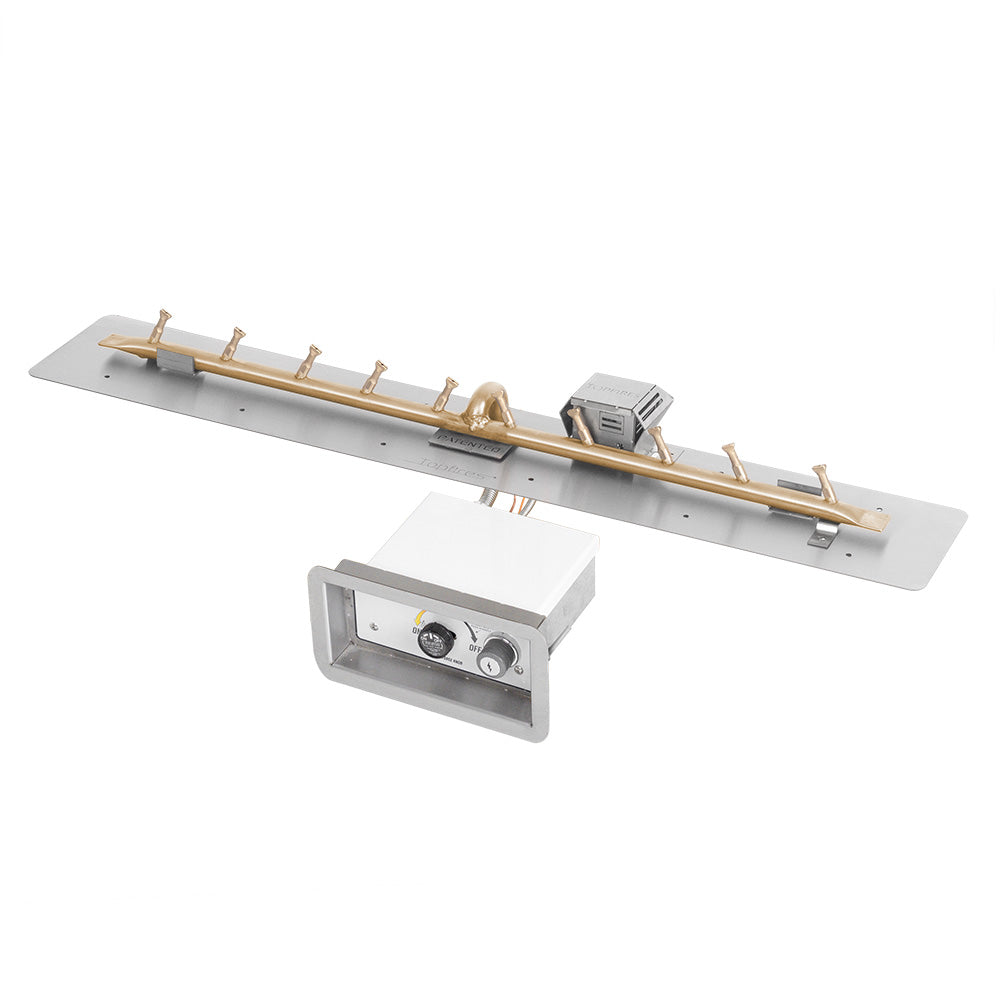 Brass linear burner kit with stainless burner pan and spark ignition control box