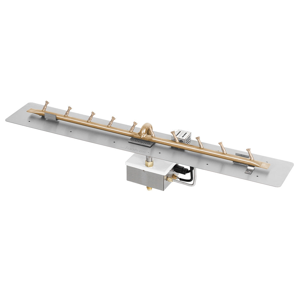 Brass linear bullet gas fire pit burner kit with flat pan and electronic ignition module