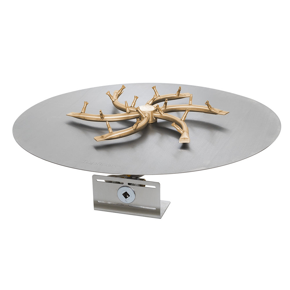 Brass bullet burner on round flat metal pan with control valve bracket