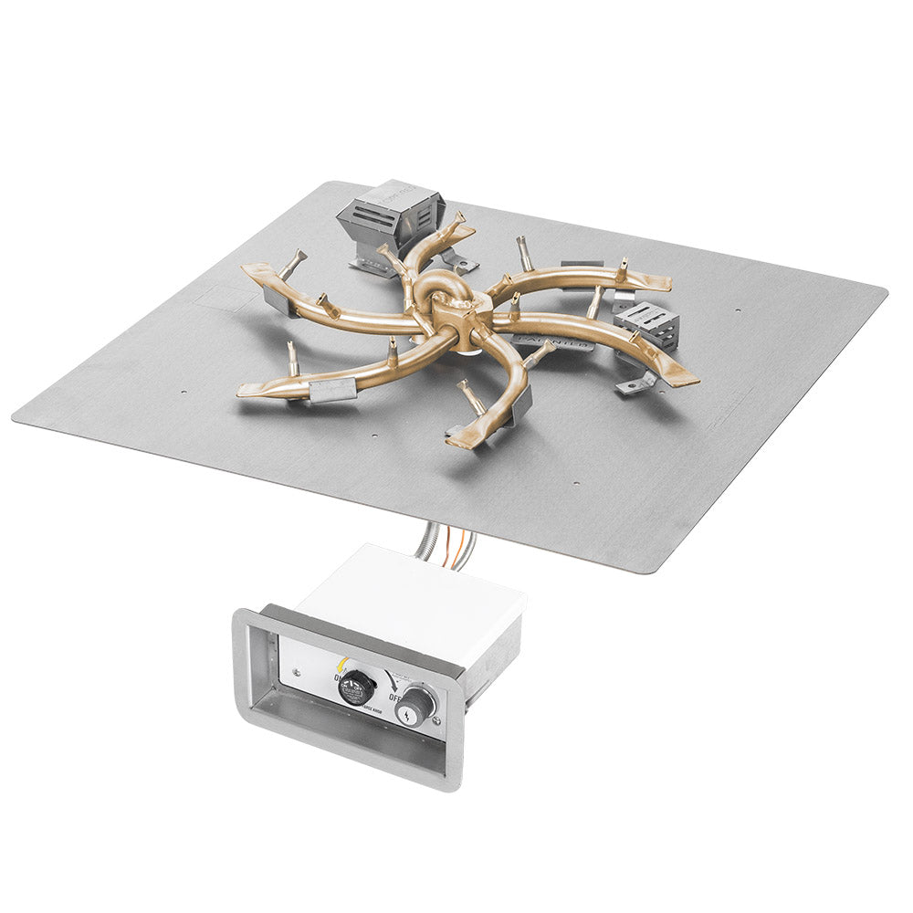 Brass gas fire pit burner kit with ignition manifold and burner ports