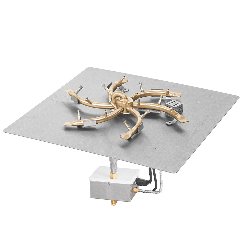 Gas fire pit burner kit with brass bullet burners and square flat pan