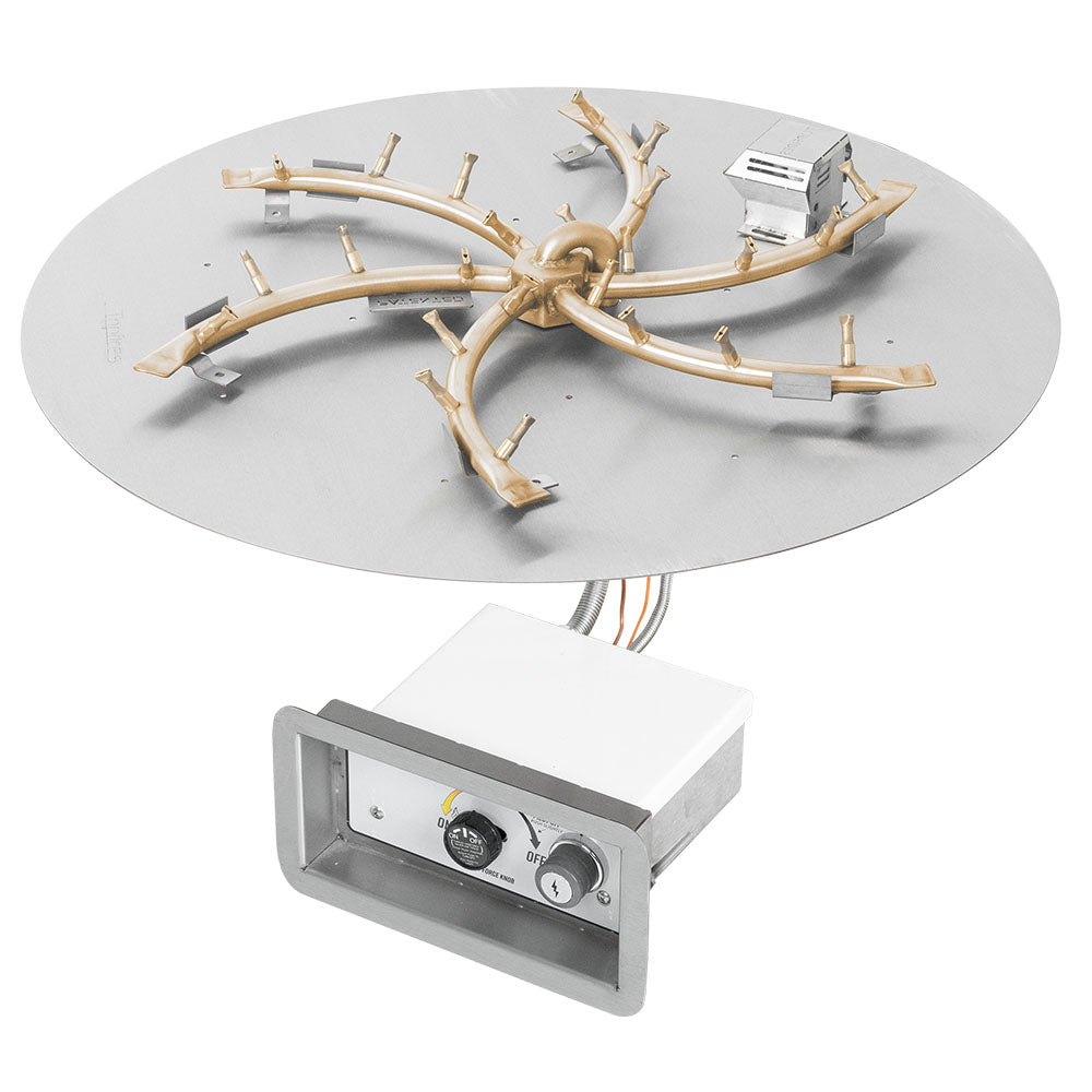 Brass gas fire pit burner kit with round flat pan and ignition control box