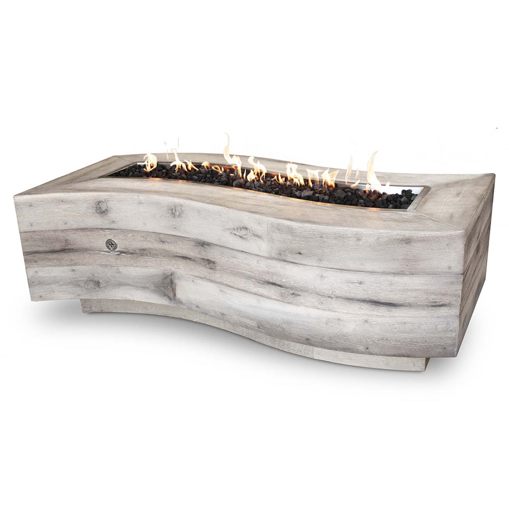 Wood-grain fire pit with rectangular open flame tray, light gray concrete finish