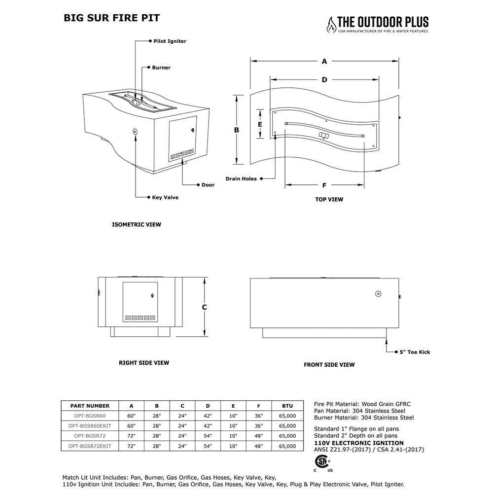 TOP Fires by The Outdoor Plus OPT-BGSR60x Big Sur Wood Grain Fire Pit, 60x28-Inches