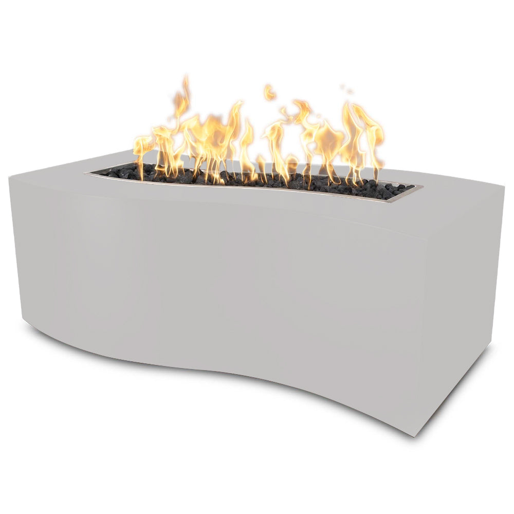 White rectangular gas fire pit with flames, powder-coated steel body, angled view