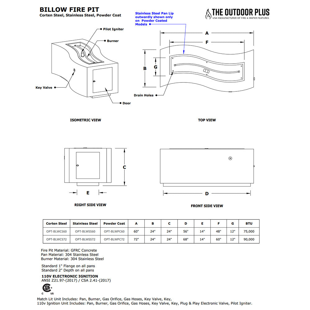 TOP Fires by The Outdoor Plus Billow 60x24-Inch Rectangular Powder Coated Steel Gas Fire Pit