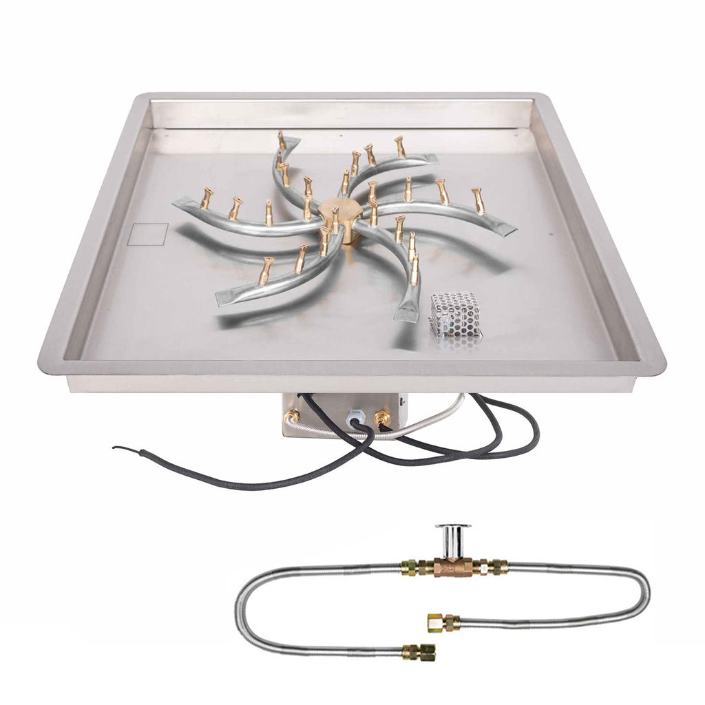 The Outdoor Plus Stainless Steel Bullet Electronic Ignition Gas Fire Pit Burner Kit with Square Bowl Pan