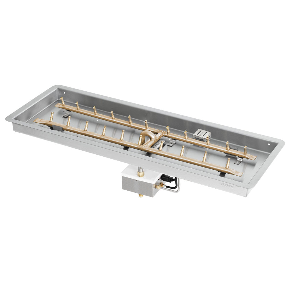 Gas fire pit burner kit with brass linear H-style burners and electronic ignition