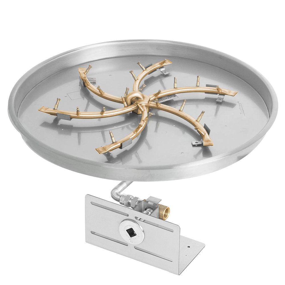 Brass bullet burner assembly on round bowl metal pan with valve control plate