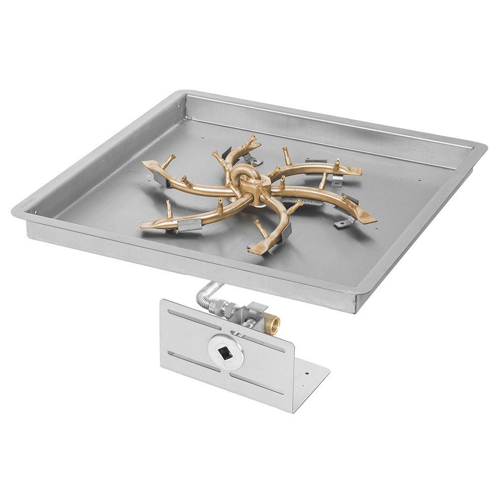 Brass bullet burner on square bowl metal pan with gas valve and hose