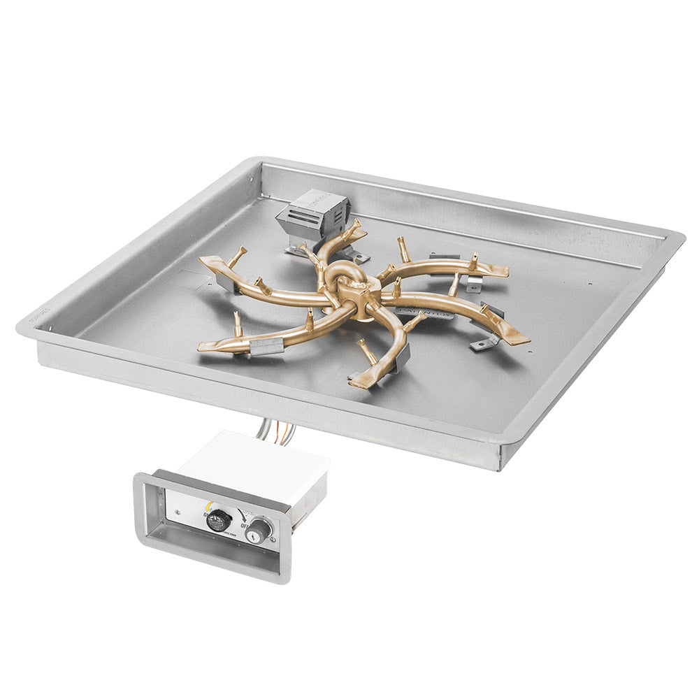 Brass gas fire pit burner kit with rectangular flat pan and ignition control box